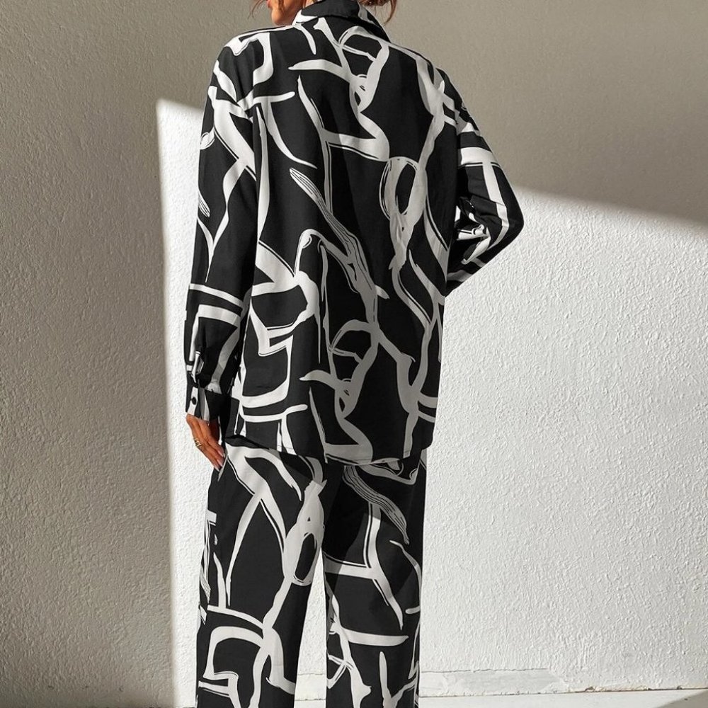 white black shirt & wide leg pant set chic fun - Picture 3 of 6